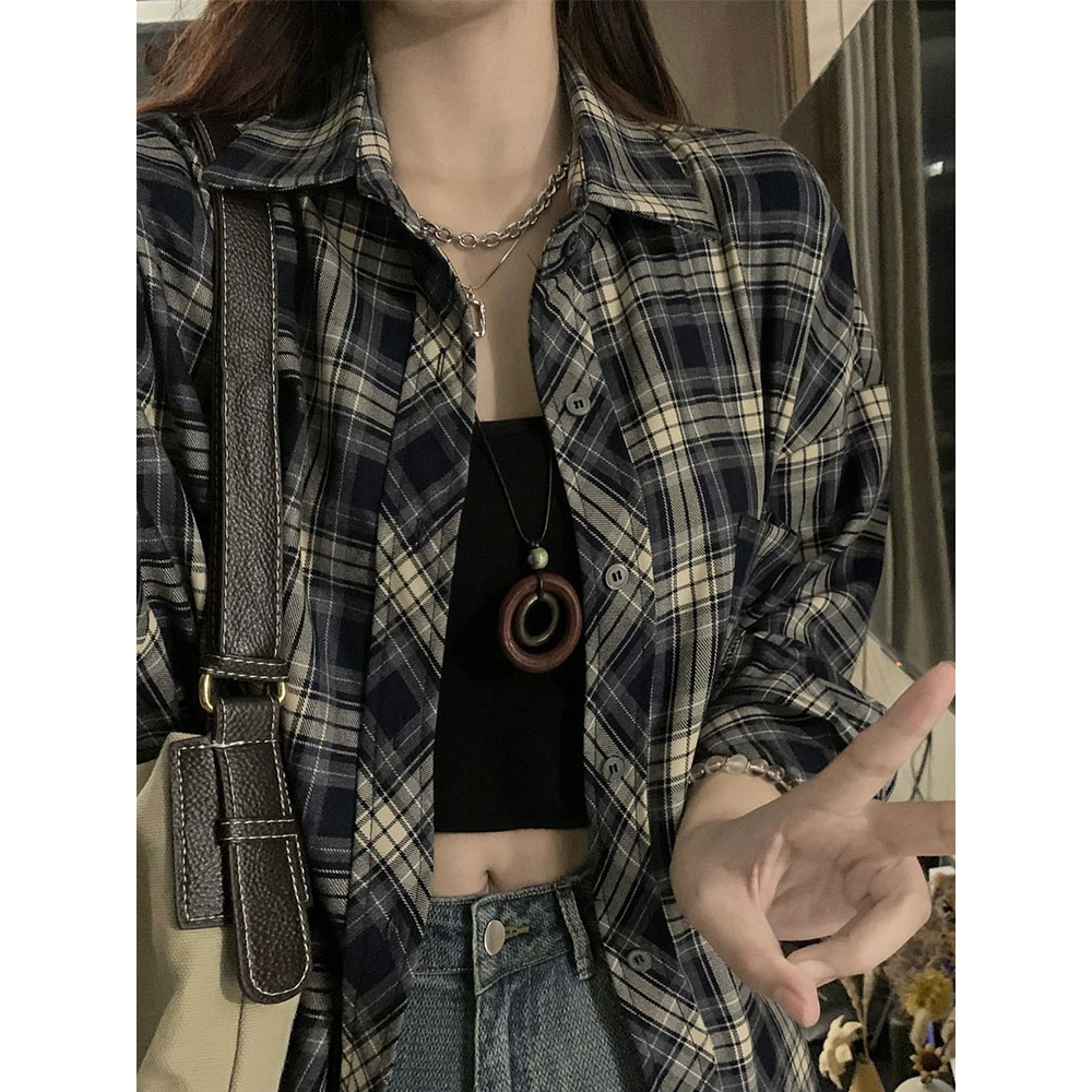 韩系新款长袖格子衬衫外套女百搭宽松复古休闲开衫衬衣小众秋季