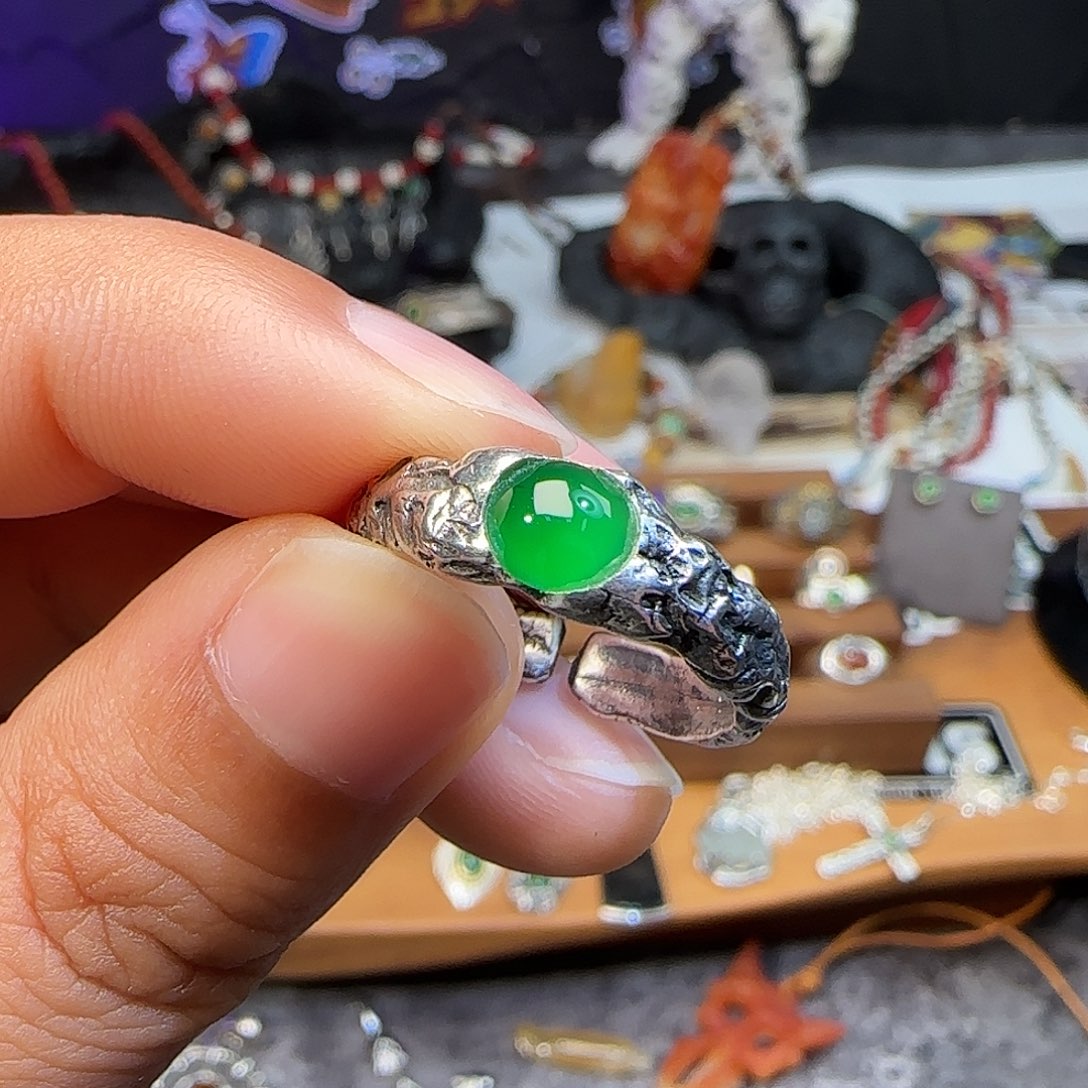 清***笑翡翠银S925镶嵌戒指