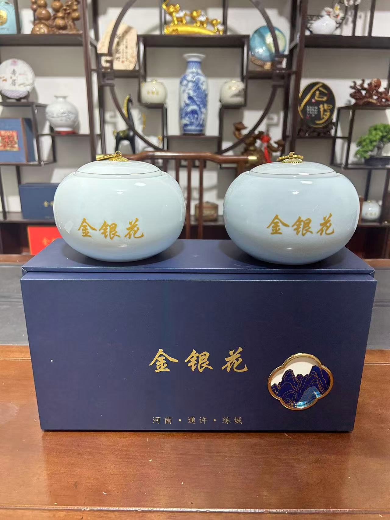 河南正宗头茬金银花无添加无熏硫走亲访友陶瓷罐装礼盒装