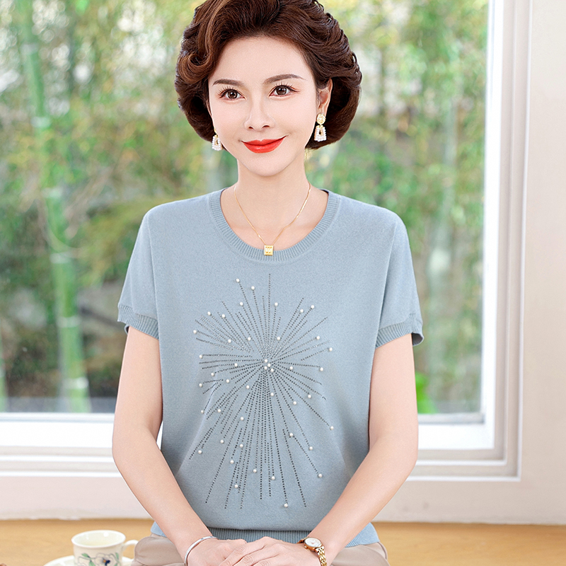 妈妈夏季新款波针织衫气质纯色钉珠上衣中年女短袖T恤纯色上衣