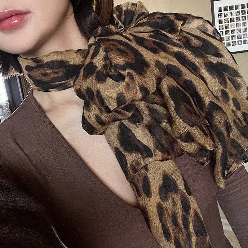 复古辣妹新款豹纹丝巾巴厘纱薄款长条丝巾女高级感个性围脖FLZ