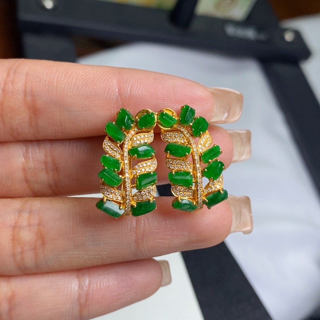 翡翠耳饰18K金镶嵌设计款麦穗耳包