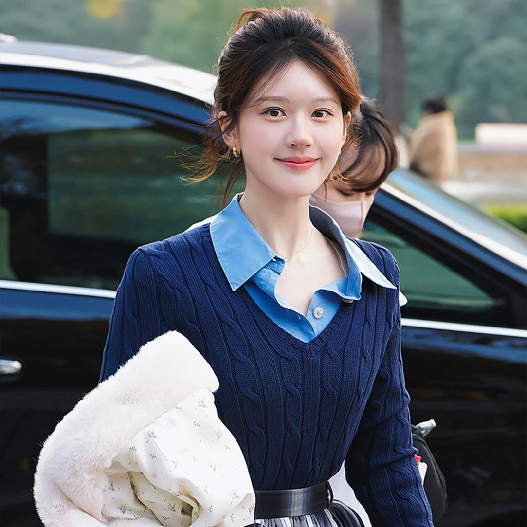 【赵露思同款】 小马标V领针织长袖修身气质显瘦套头毛衣