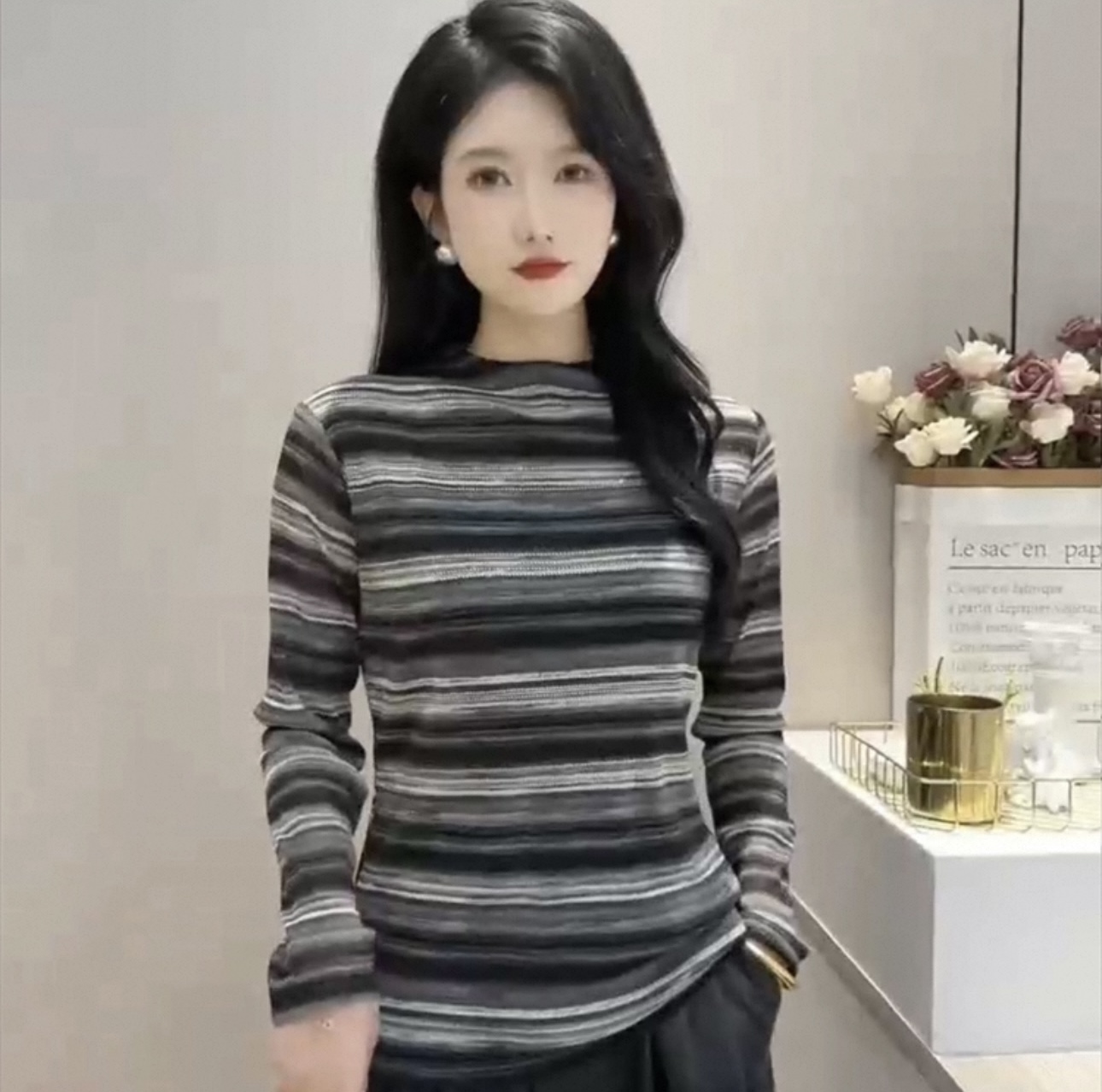 T0096长袖秋冬打底衫条纹T恤显瘦圆领宽松型针织长袖轻职风