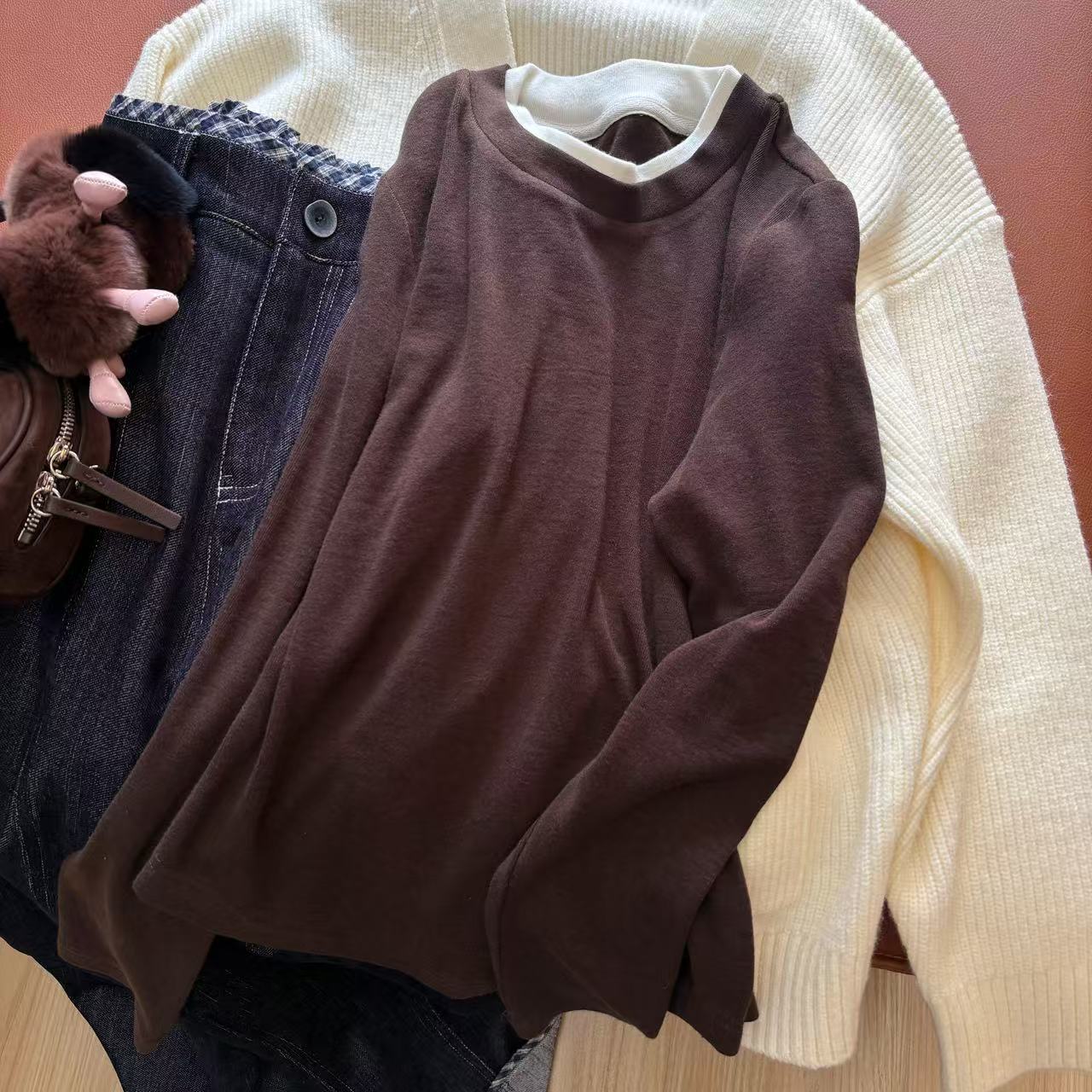 简约拼色假两件撞色打底衫小个子秋季圆领百搭上衣女80178