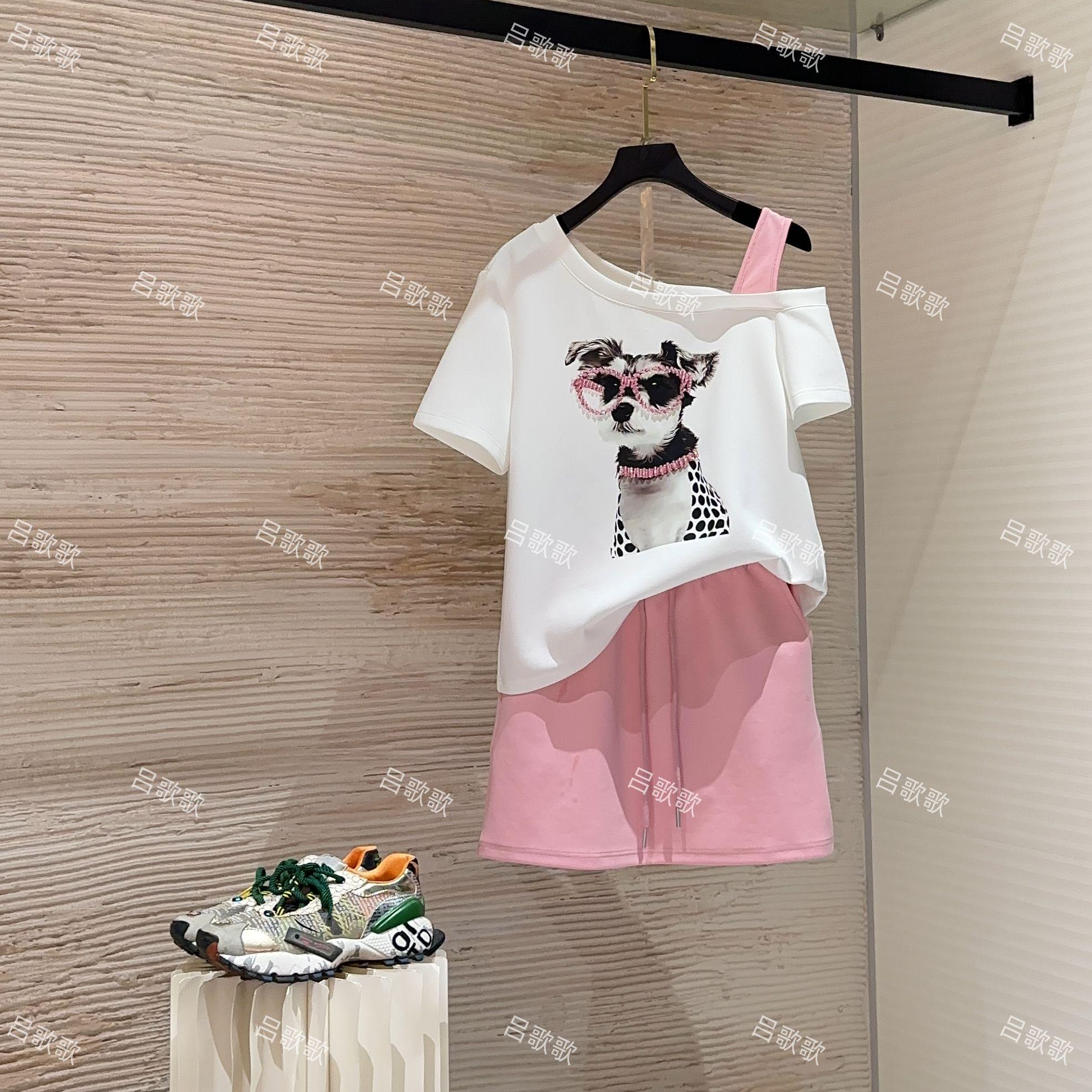 【宠粉价 】夏季新款单肩小狗带花短袖两件套微胖显瘦套装裙裤TZ-81