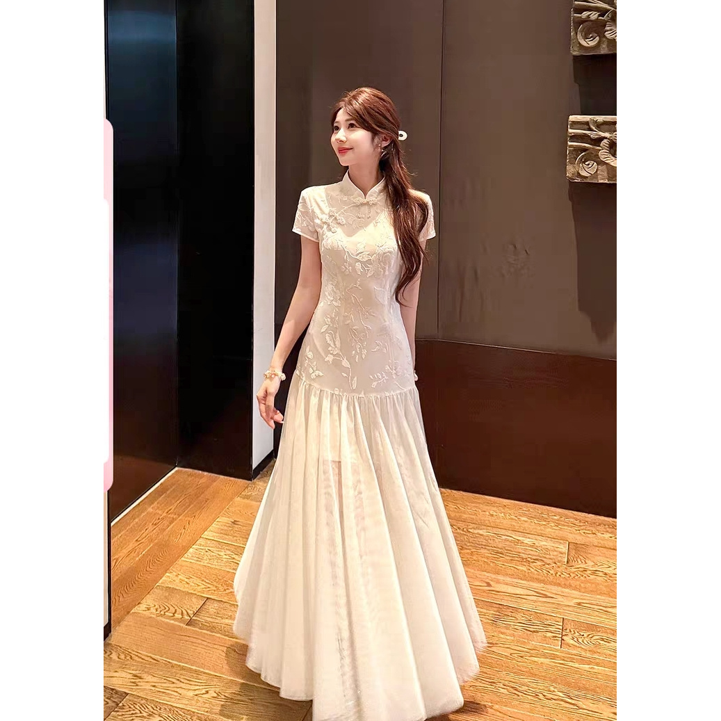 【月华织梦】重工丝绒烧花旗袍裙女夏季中式斜襟鱼尾连衣裙