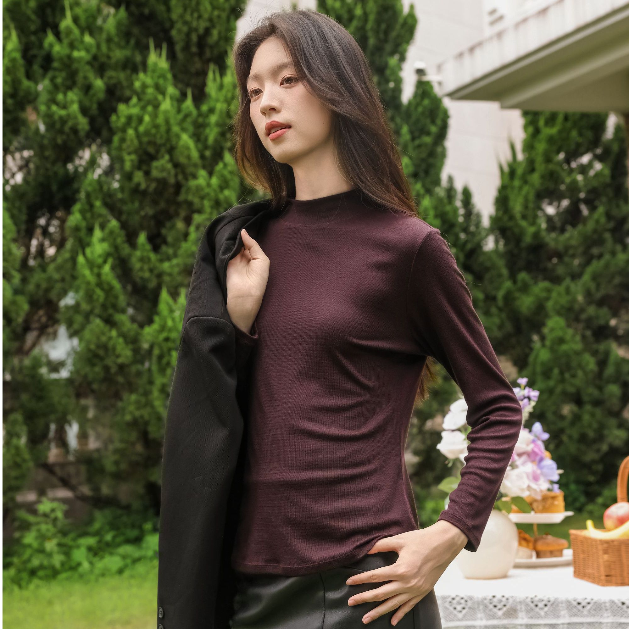 秋季新款莱赛尔绵羊毛中领长袖打底衫女时尚气质显瘦洋气t恤上衣