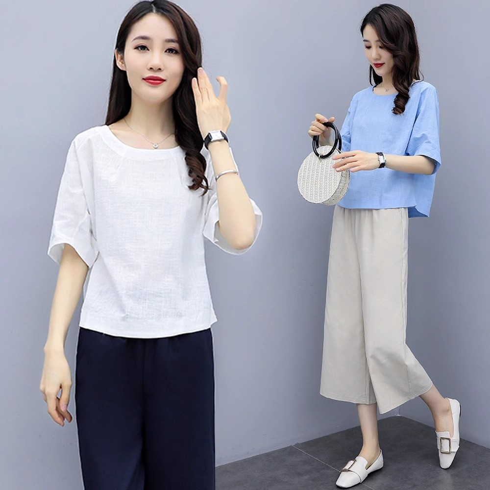 棉麻套装女2025新款女夏装洋气韩版宽松上衣阔腿裤休闲亚麻两件套