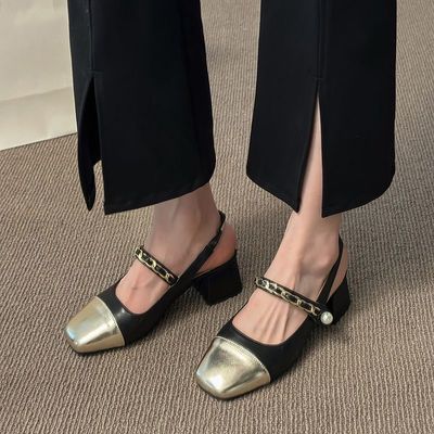 2024夏新款法式玛丽珍鞋高跟珍珠包头凉鞋女粗跟单鞋小香风仙女风