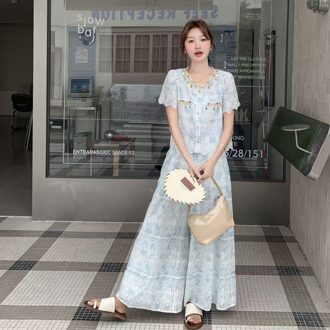 夏季小香风蕾丝短袖休闲裤时尚名媛气质减龄套装70557