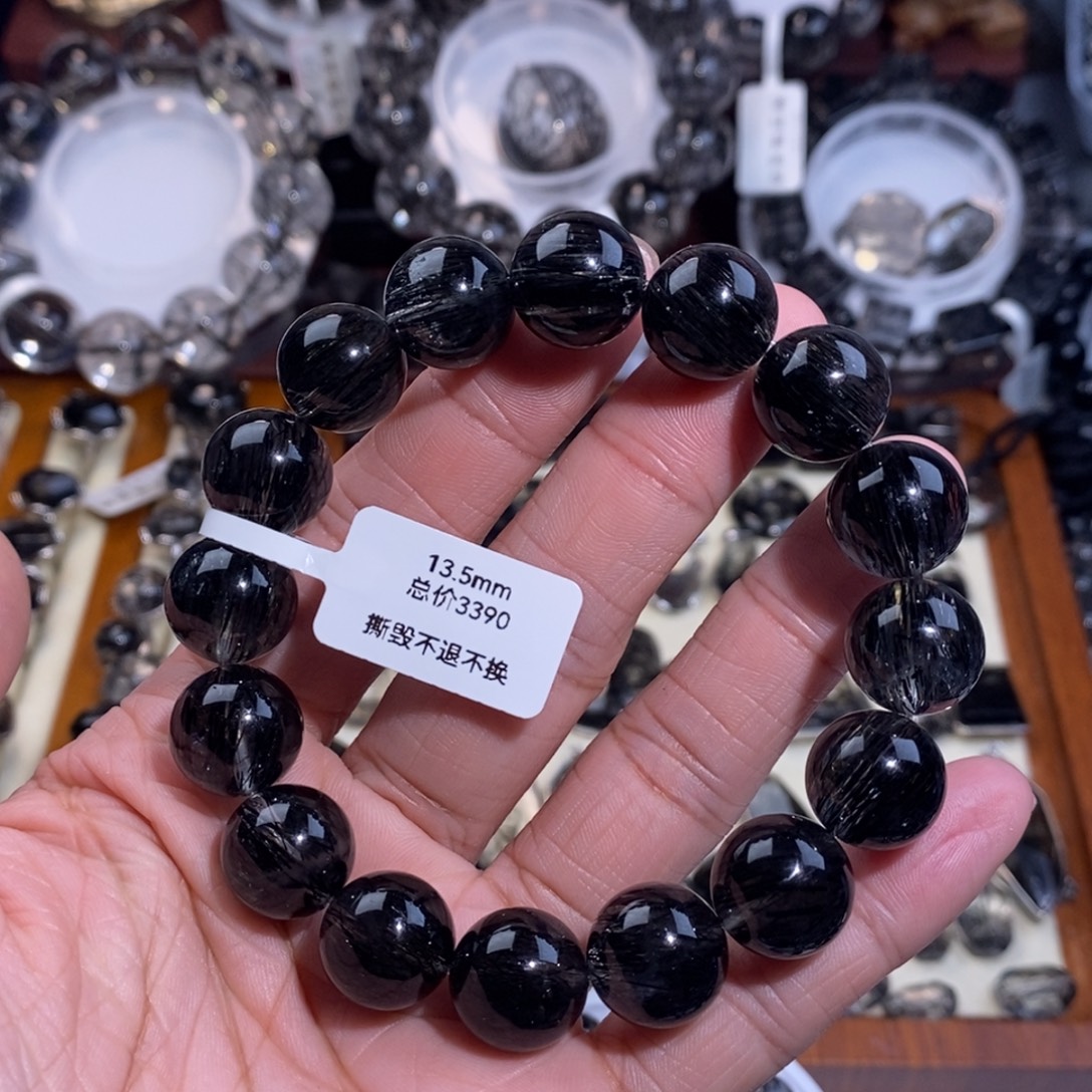 水晶手链未镶嵌13.5mm黑发晶全透体满发顺发