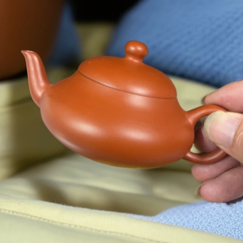 潮州原矿朱泥手拉扁梨壶小品功夫茶具泡茶壶110容量