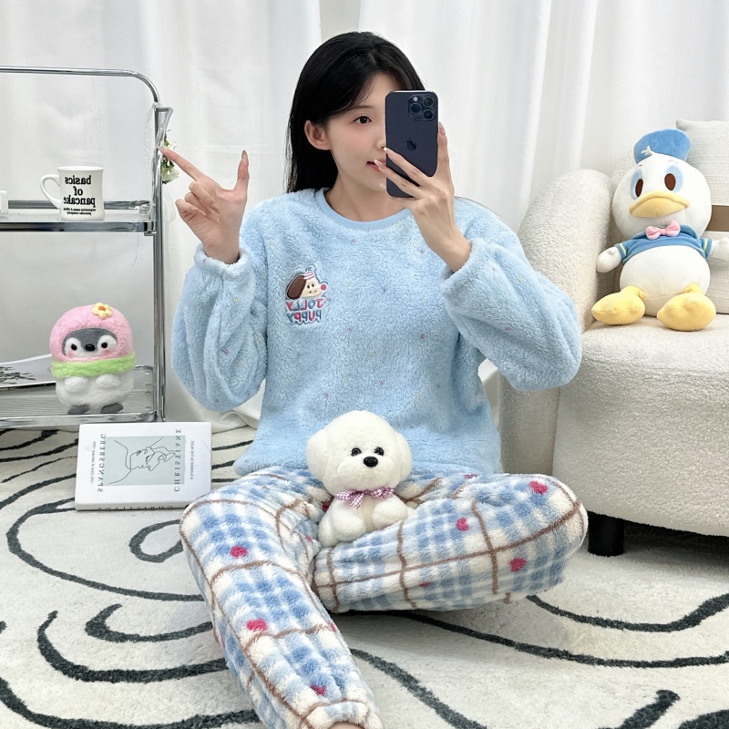 女士睡衣秋冬季半边绒简约高级感加厚大码少女冬天家居服套装外穿