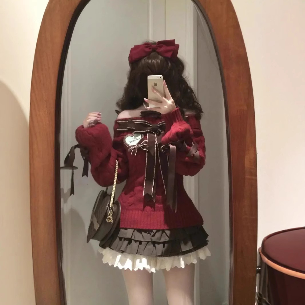 新款时尚洋气百搭甜美红色圣诞套装女早春款蝴蝶结针织衫毛衣显瘦