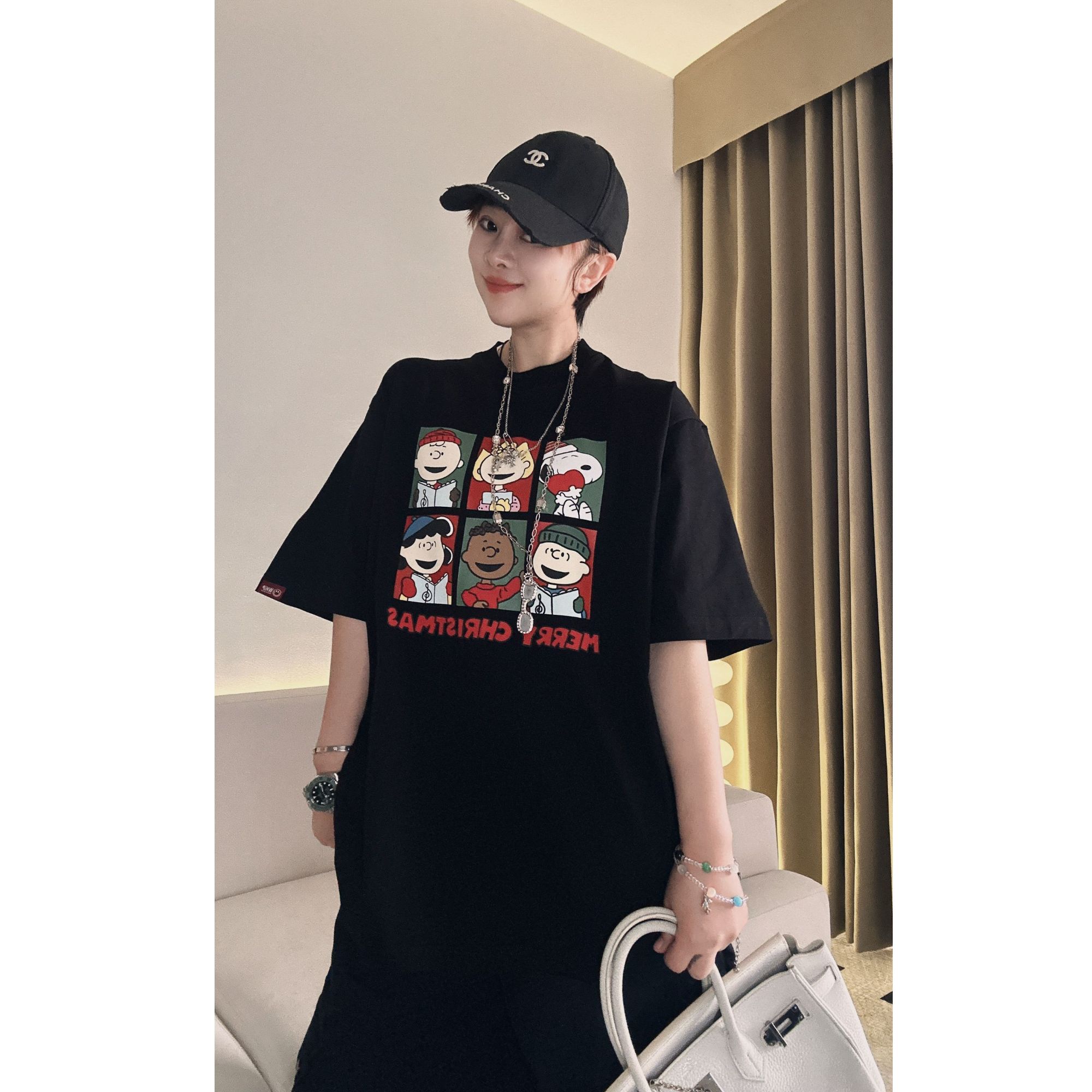 【影子】狗狗卡通图案百搭休闲潮流宽松刺绣大版中长款T恤