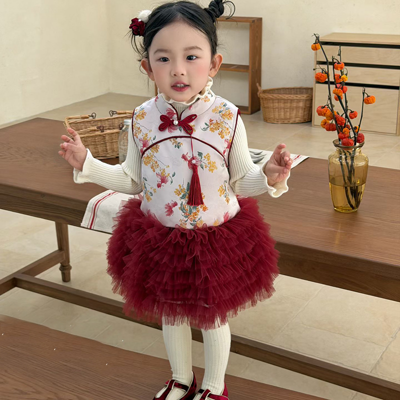 冬‘’金桂鱼跃”女童针织毛衣+无袖国风加绒印花连衣裙007791