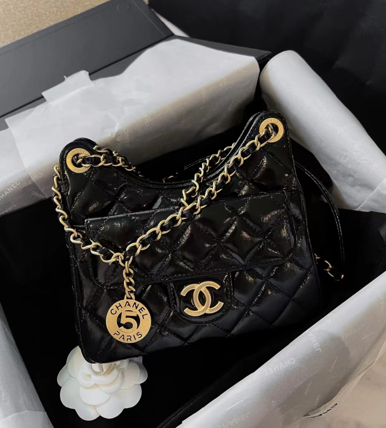 99新 Chanel/香奈儿 黑金油蜡皮小号天猫精灵 18cm 18856246