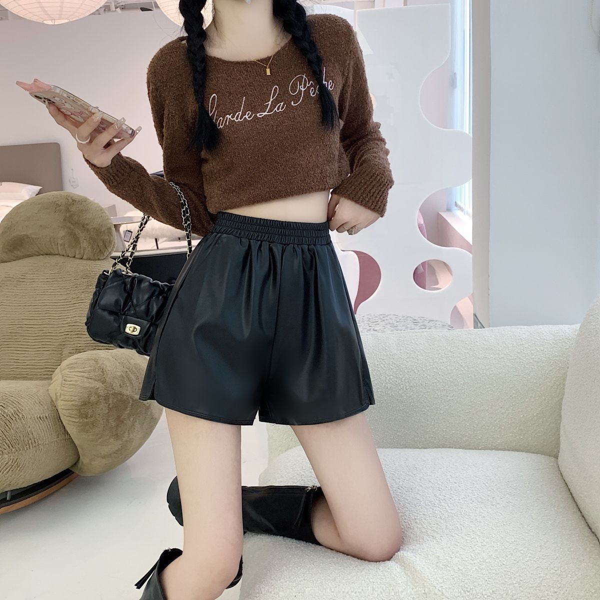 皮短裤女秋冬新品大码胖m阔腿裤高腰外穿PU皮裤A字小个子休闲靴裤