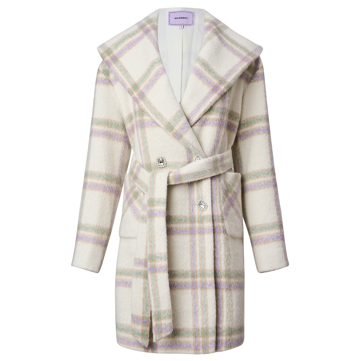 MAXRIENY午夜巴黎三色格纹大翻领设计高级简约大衣外套