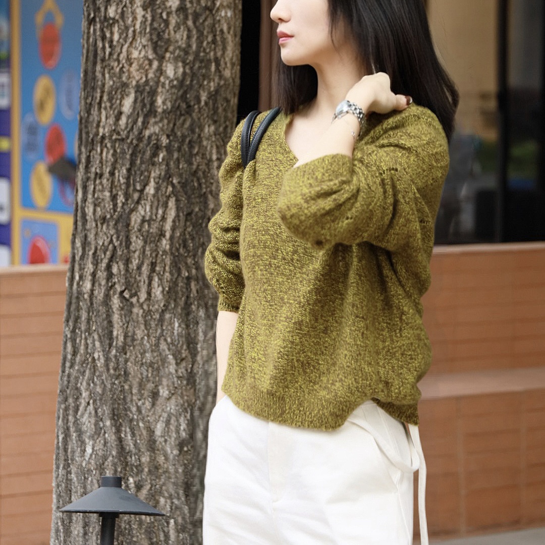 XIAOROU/小柔 SW5012花纱百搭常规款V领复古不褪色针织羊绒衫纯色