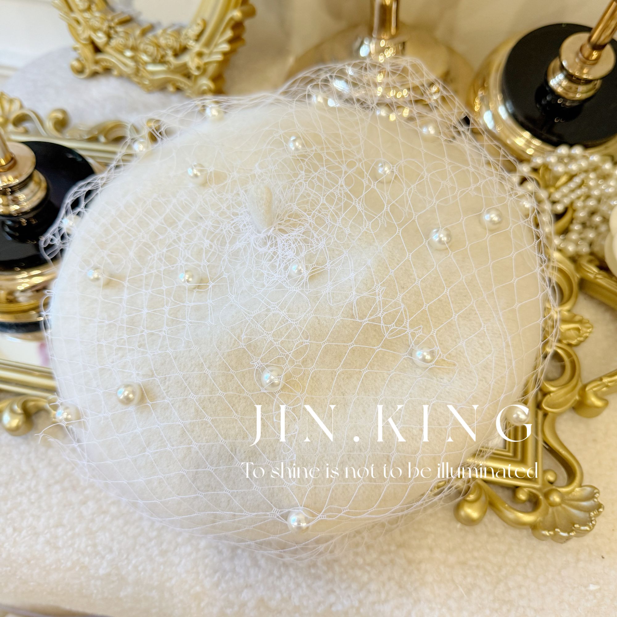 【JIN_KING】女装蕾丝贝雷帽轻奢法式白色气质帽子J0088