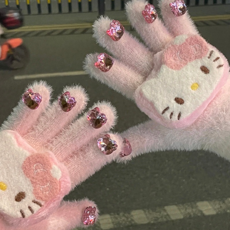 毛线手套保暖冬防冻带钻女防寒学生骑行加绒保暖手套