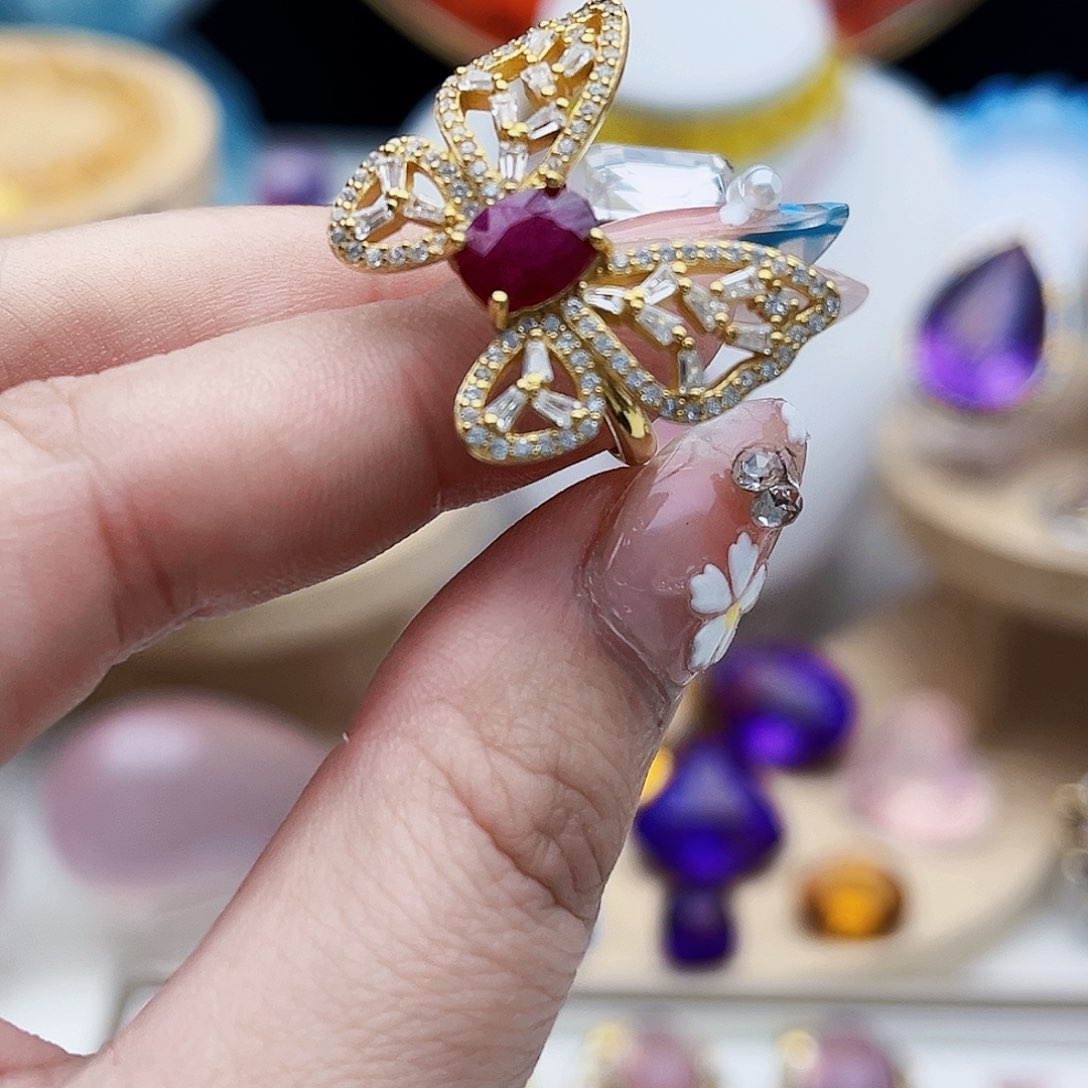 红宝石戒指银S925镶嵌天然