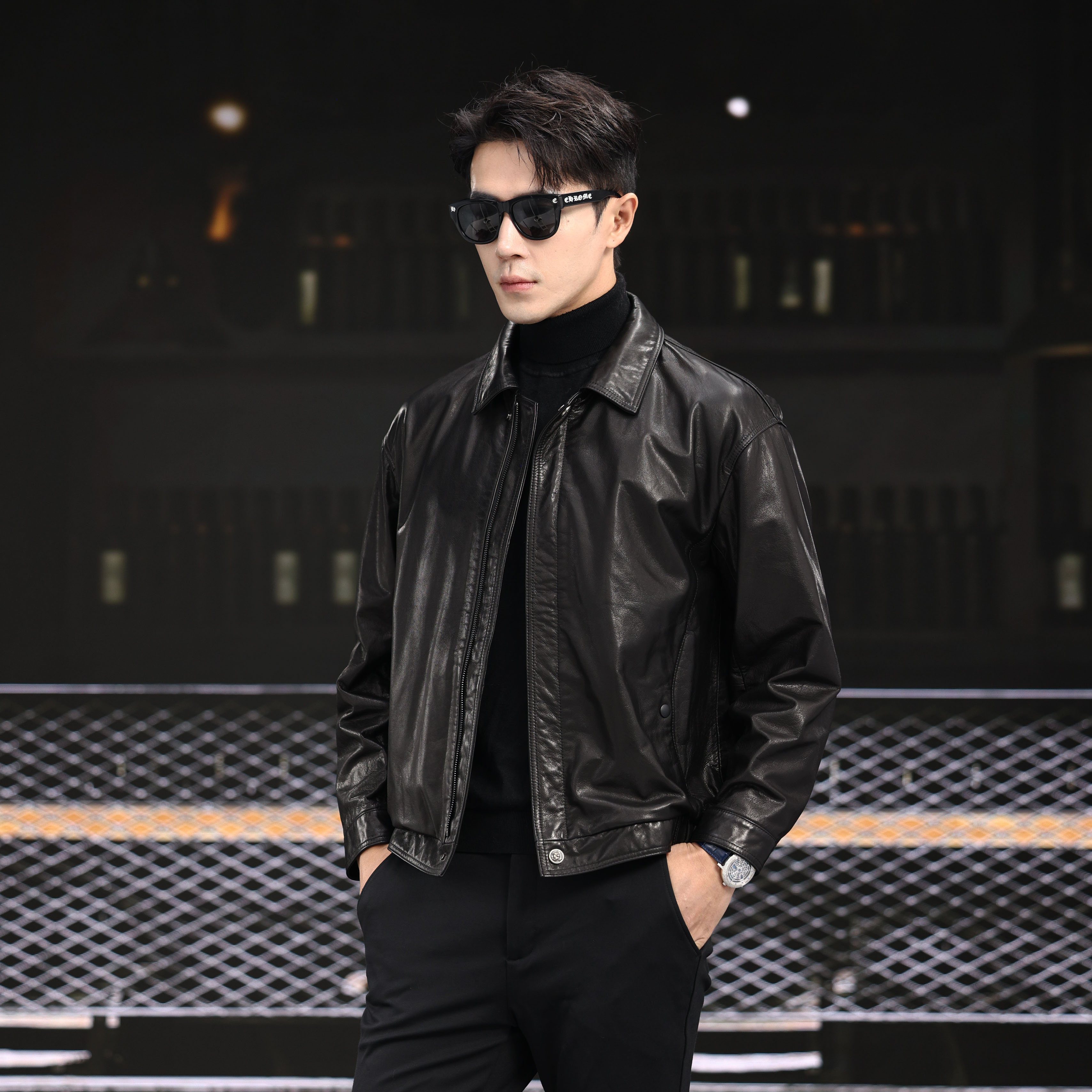 新款男士春秋真皮小牛皮休闲宽松翻领夹克机车潮