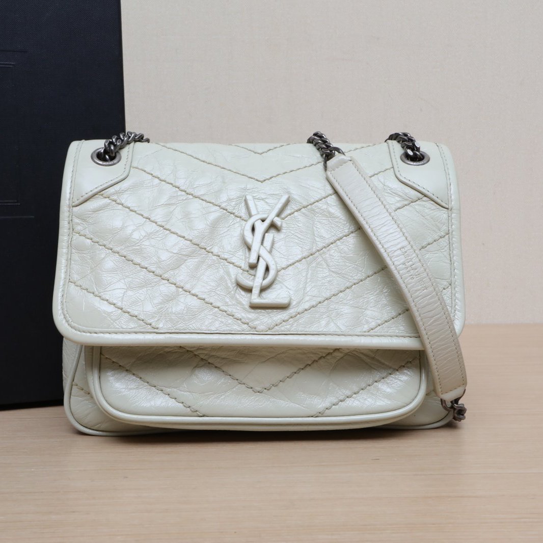 95新 YSL/圣罗兰 【娇】Niki 21米白色皮革C白扣 581814