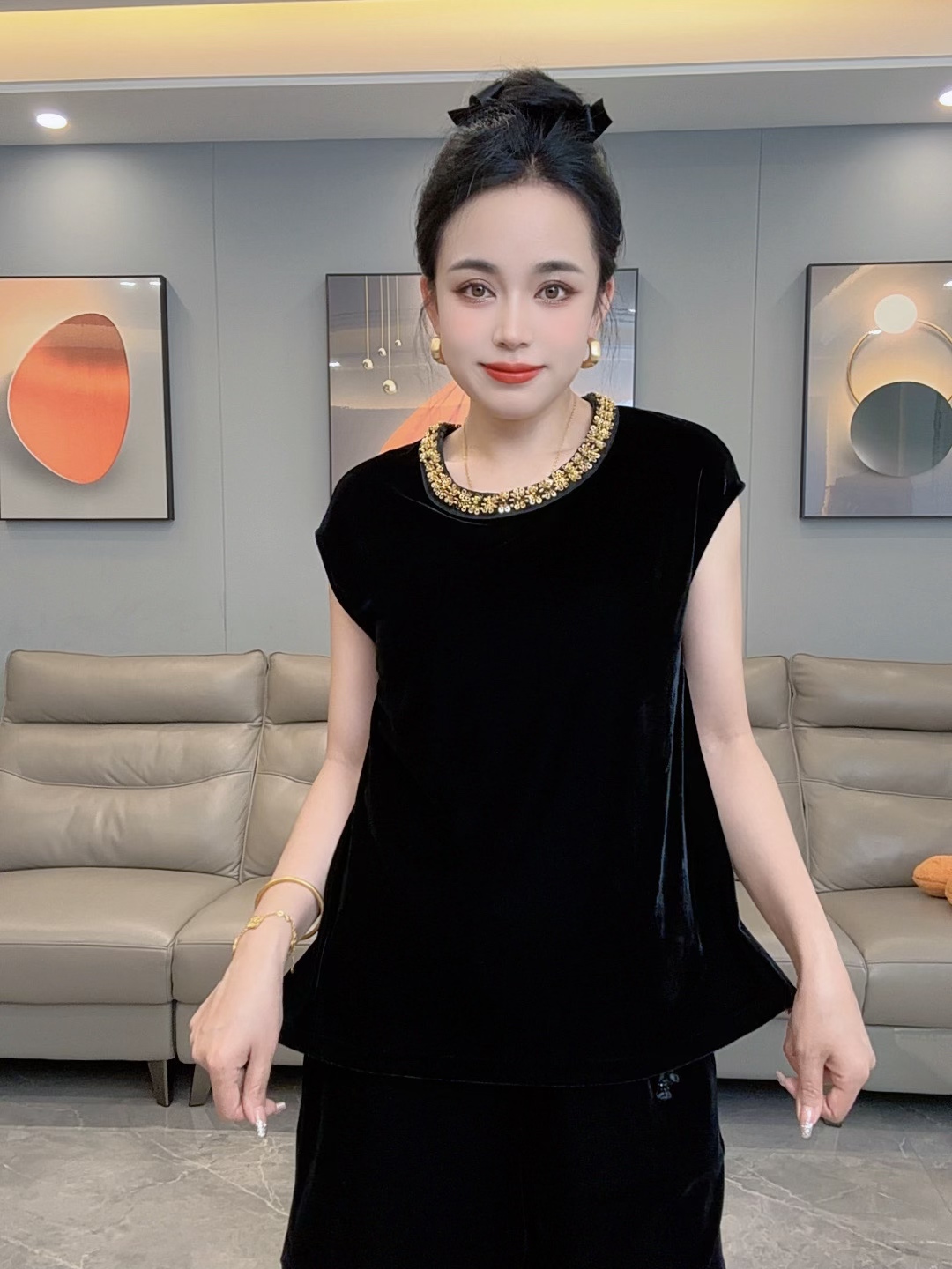 2025夏季百搭拼接无袖透气T恤气质欧若新中式褶皱常规圆领H1091