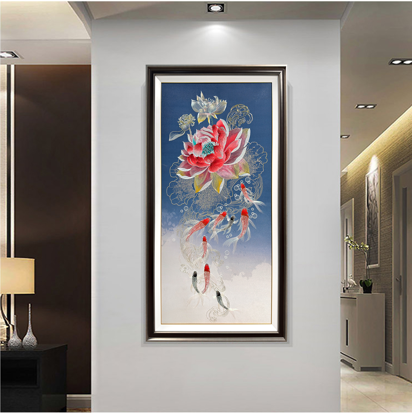 九鱼珠绣刺绣玄关装饰画走廊过道背景墙长城高档壁画