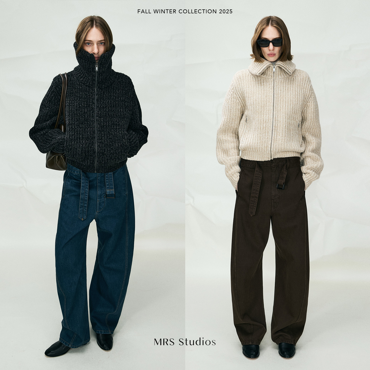 MRS Studios 重磅粗针牦牛绒羊毛时髦宽松高翻领拉链口袋毛衣开衫