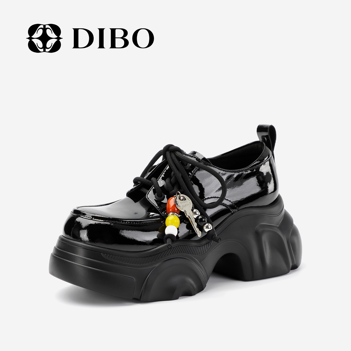 DIBO碲铂 黯夜玫瑰 亮面厚底乐福鞋黑色机能串珠休闲鞋25385311