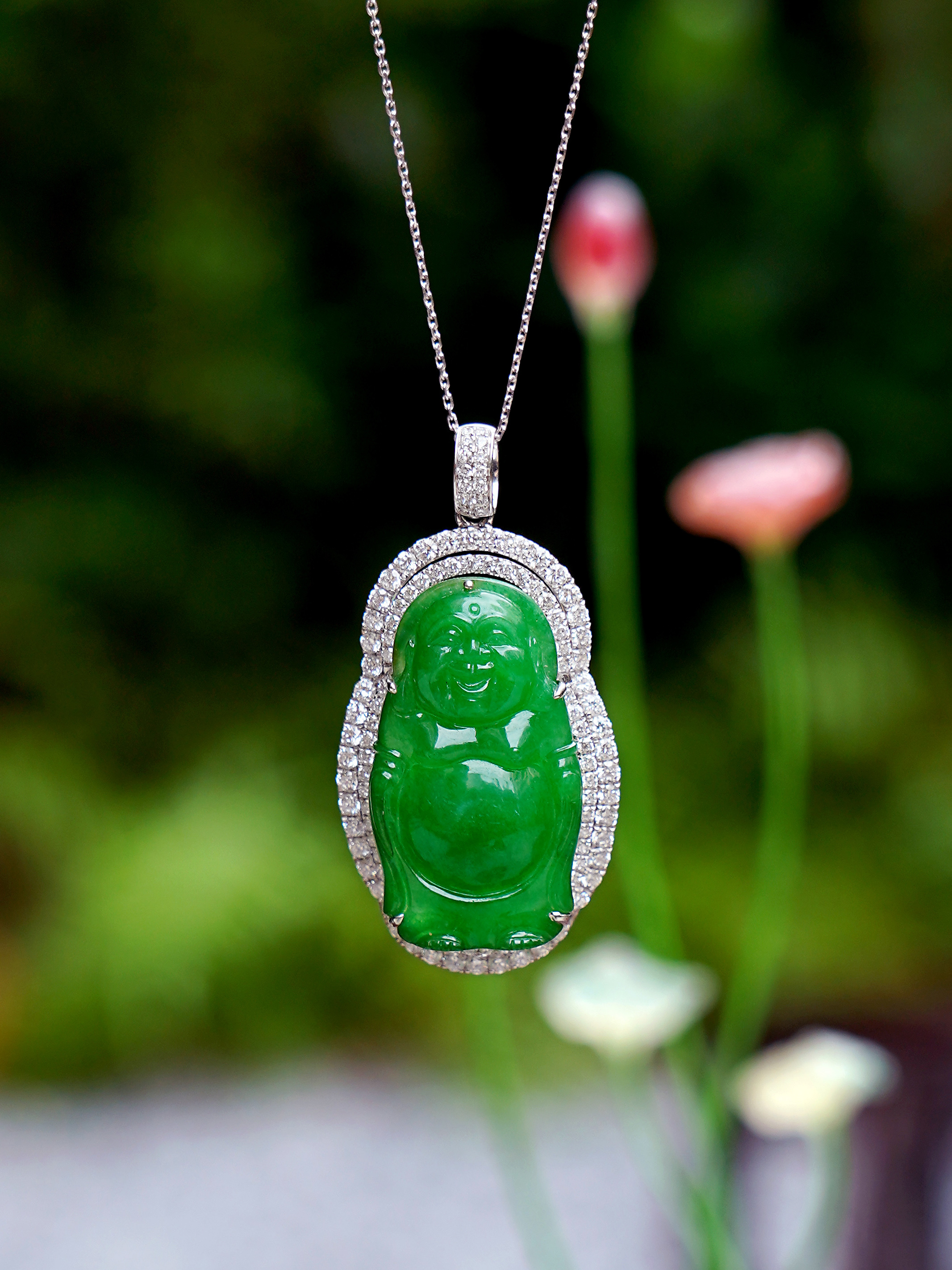 【禅心福相】老坑糯冰种满绿翡翠弥勒佛 18K金镶全品缅料a货佛公