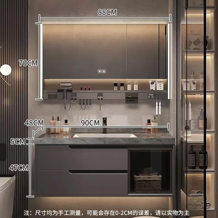 岩板无缝一体盆按压式组合卫生间简约洗漱台洗手池多层实木洗脸盆