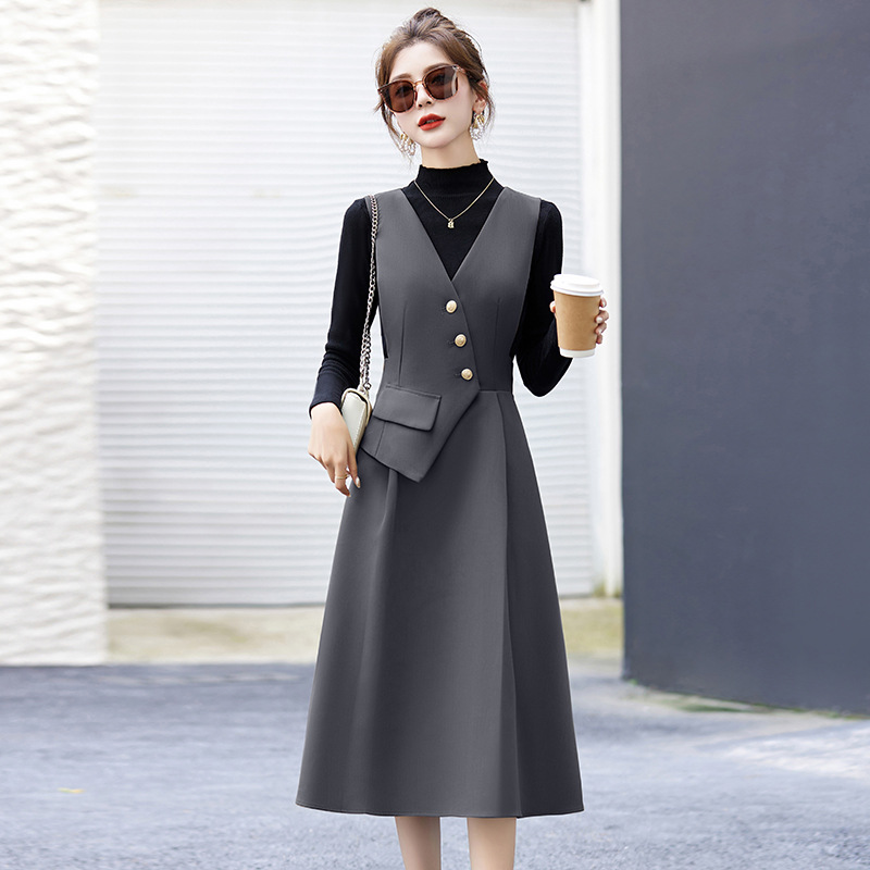 春冬季新品女装韩版修身中长款两件套连衣裙XM95
