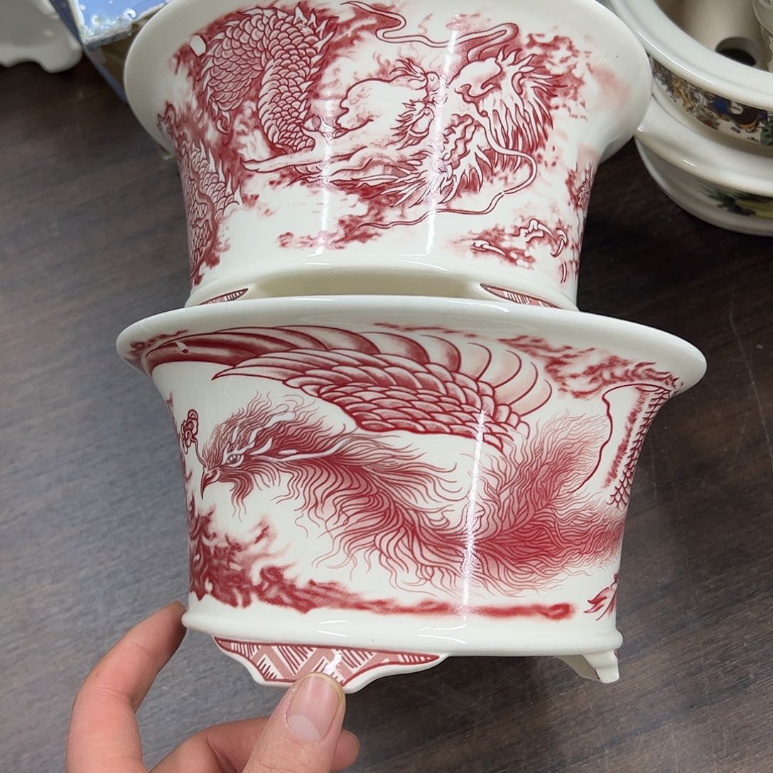 紫砂花盆龙凤呈祥颜色淡福利介意勿拍口20高10cm