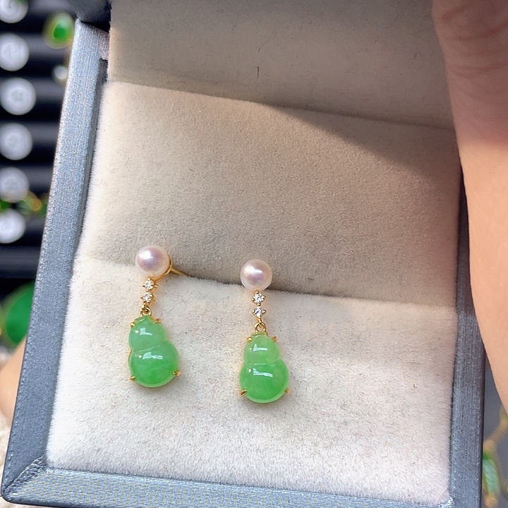 糖***宝翡翠18K金镶嵌耳饰天然翡翠