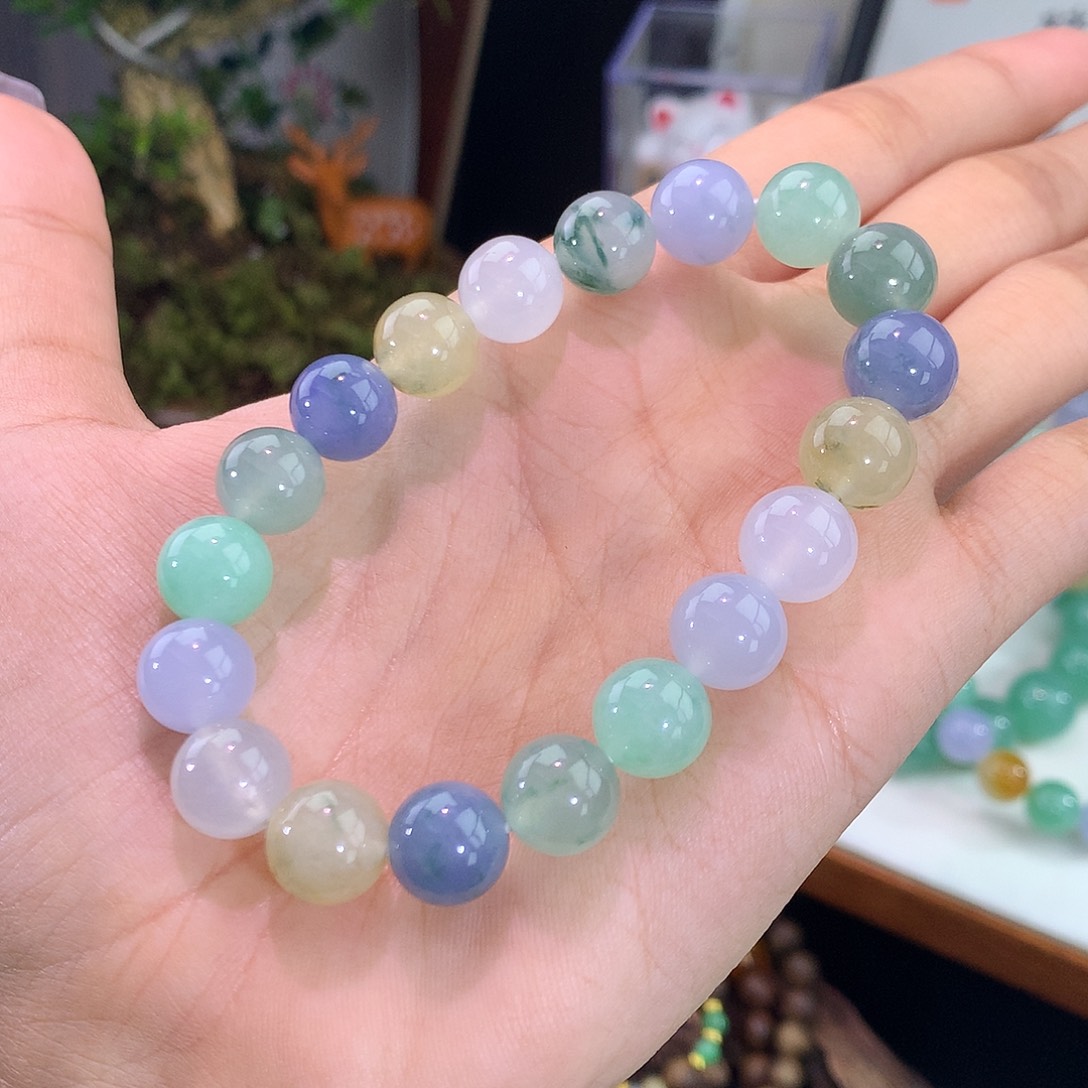 翡翠未镶嵌手链冰飘花多宝手串