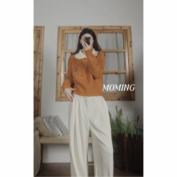 MOMING冬季新品 软糖 韩系复古蕾丝拼接娃娃领撞色针织套头毛衣