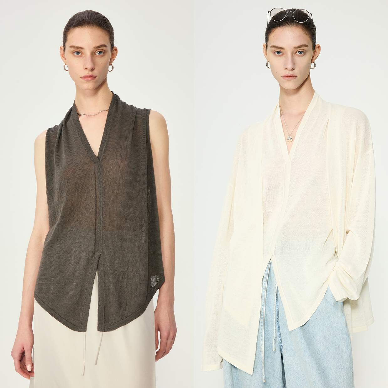 开间/轻薄舒爽暗花亚麻ROW风纸片人慵懒时髦堆肩针织马甲开衫