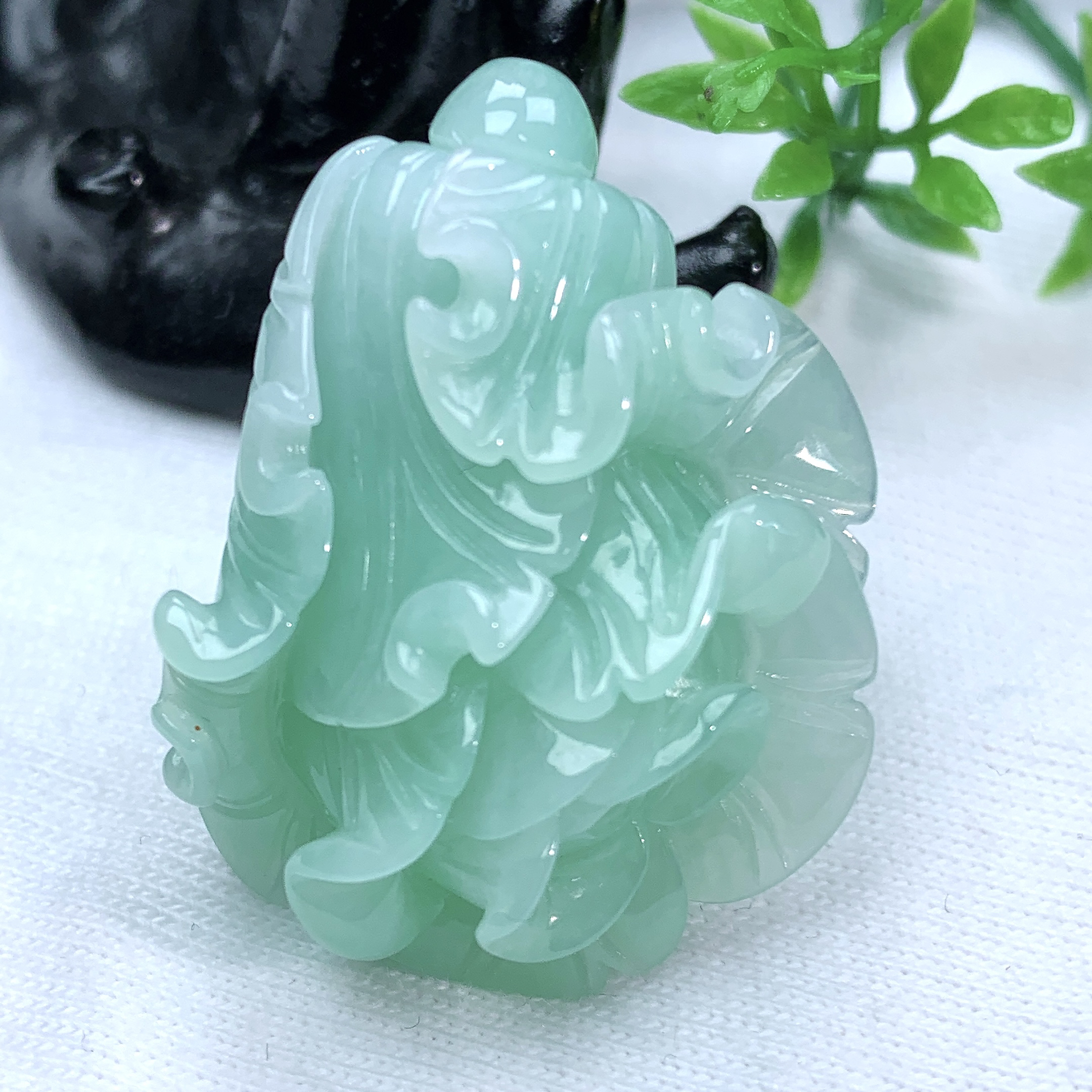 天然缅甸翡翠A货浅绿白菜百事来财吊坠35.6−25.5−12mm