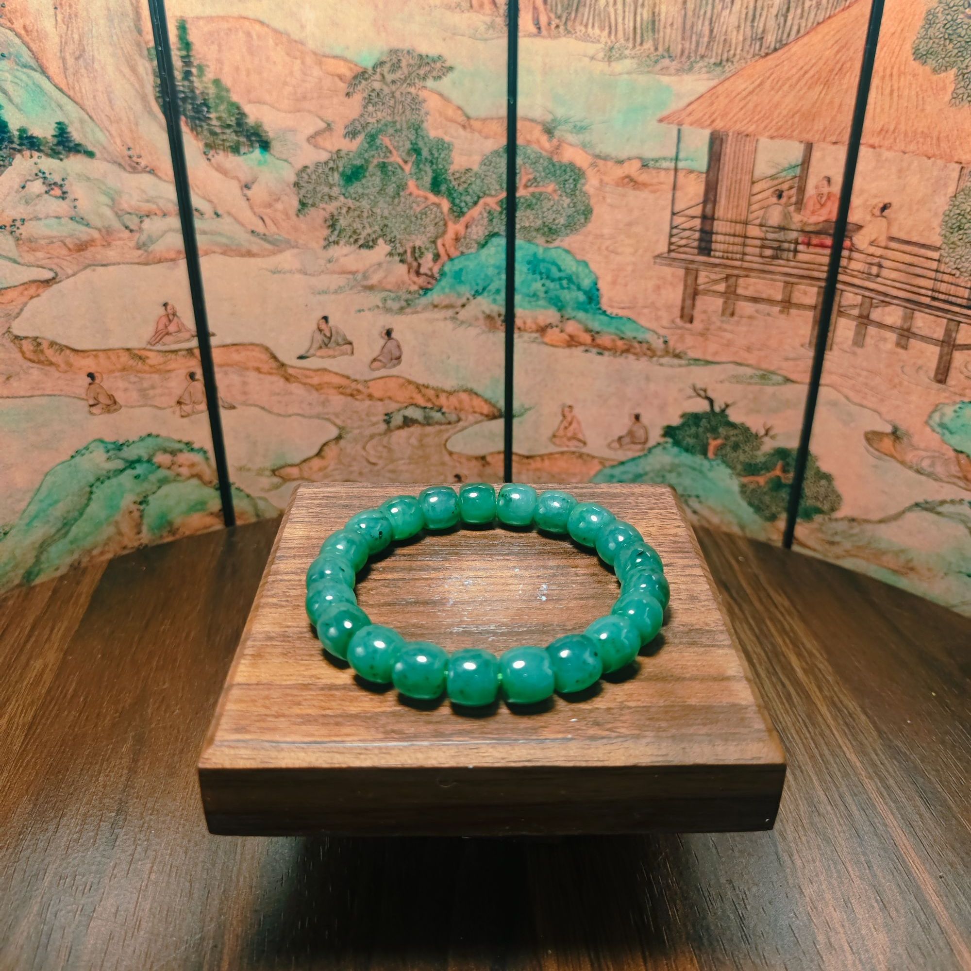 Q和田玉碧玉桶珠手串（卡10）0297