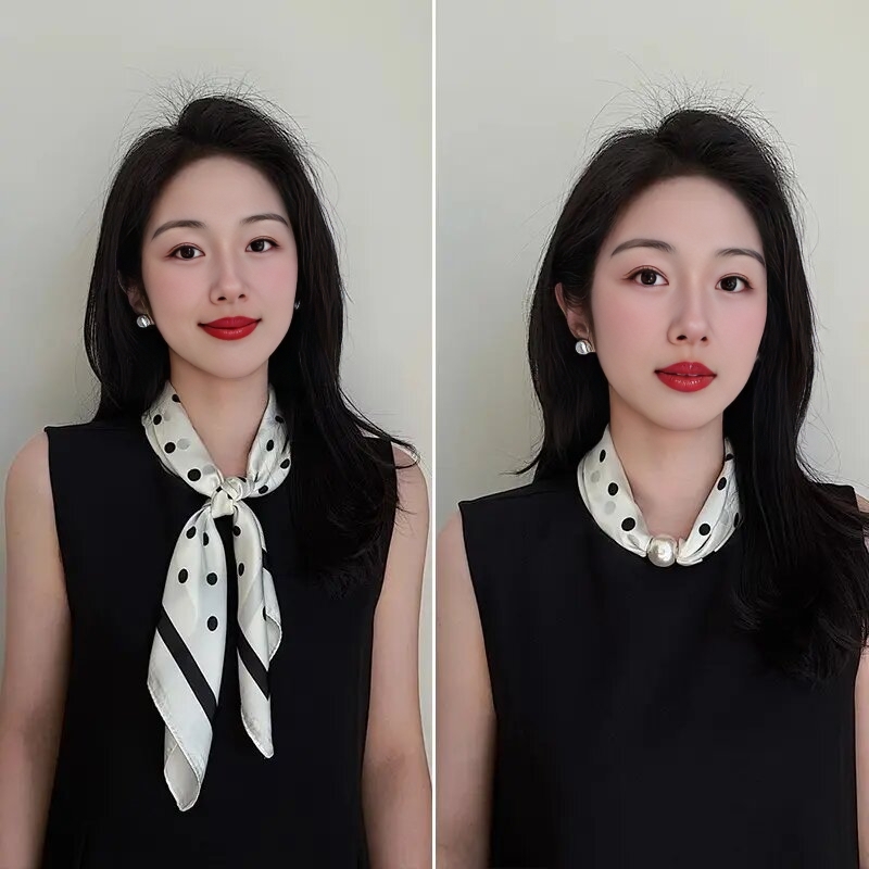 波点磁吸扣拼接长条丝巾女百搭装饰衬衫领巾春秋季围巾护颈小领巾