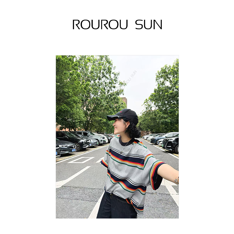 28567早秋款女装日系彩色条纹休闲短袖拼接撞色T恤宽松上衣半袖