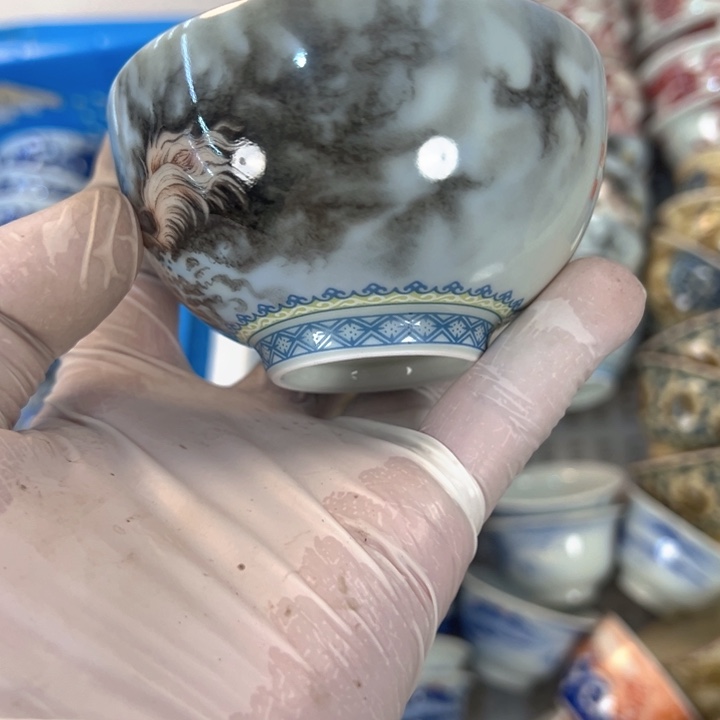 瓷片白青花粉彩梦马鸡心杯主人杯全品