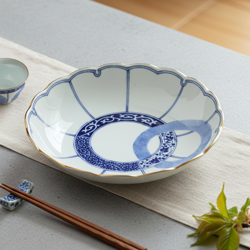 日本进口餐具三峰盘子轮花纹复古家用釉下彩陶瓷创意日式菊型菜盘