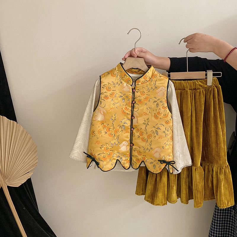 【安安家】女童秋季新款新中式立领马甲打底衫半身裙子三件套R25553