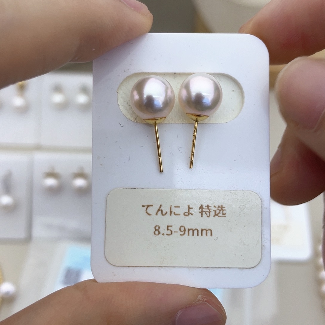 海水珍珠耳饰18K金镶嵌8.5-9素钉